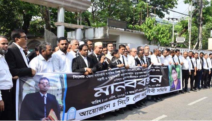 অ্যাডভোকেট সুজন মিয়া হত্যার প্রতিবাদে জেলা আইনজীবী সমিতির মানববন্ধন