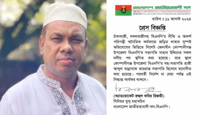 কোম্পানীগঞ্জ উপজেলা বিএনপির সভাপতি সাহাব উদ্দিনকে পদ থেকে অব্যাহতি