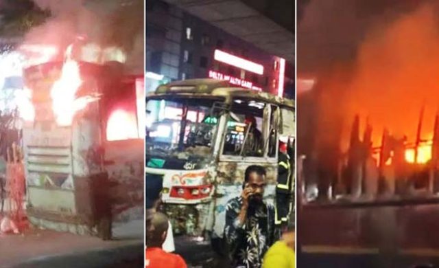 রাজধানীর মিরপুর ও মধ্য বাড্ডায় ৩ বাসে অগ্নিসংযোগ, যাত্রাবাড়িতে ককটেল বিস্ফোরণ